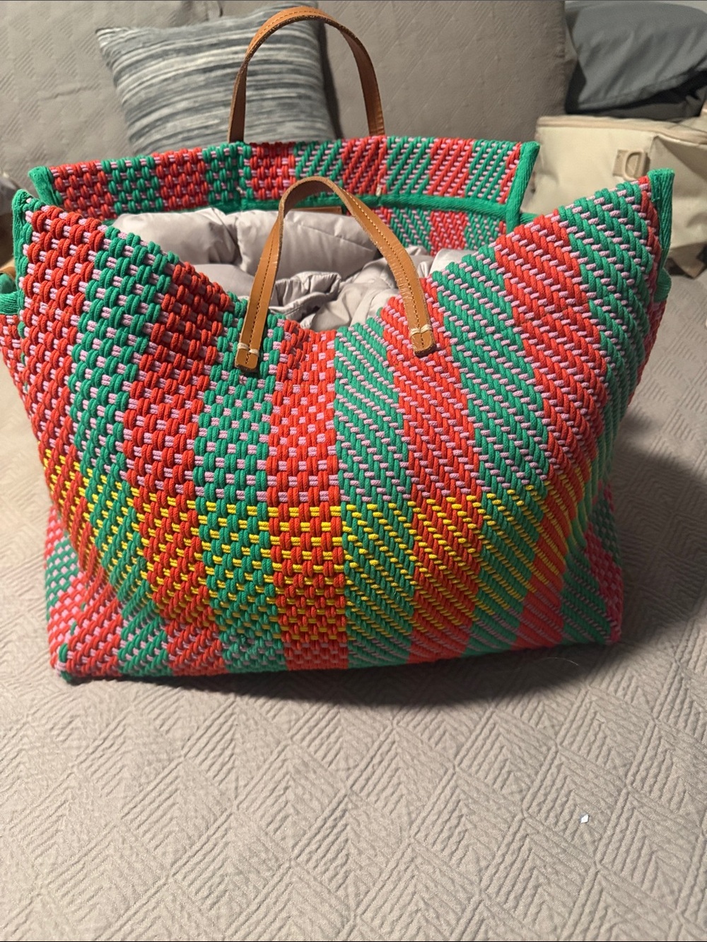 Clare V Multicolor Woven Tote with Tan Leather Handles